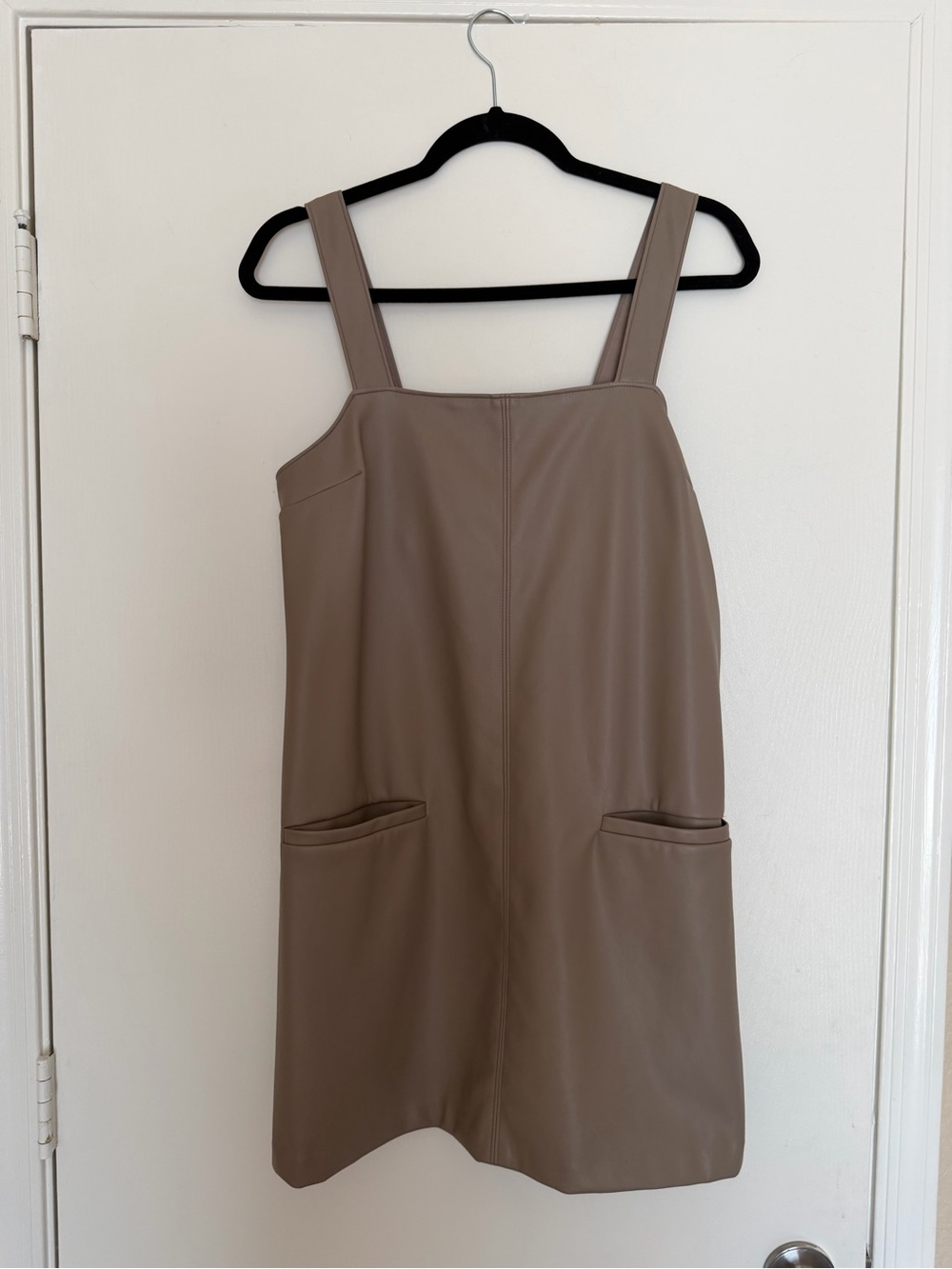 Faux-Leather Taupe Shift Dress with Pockets